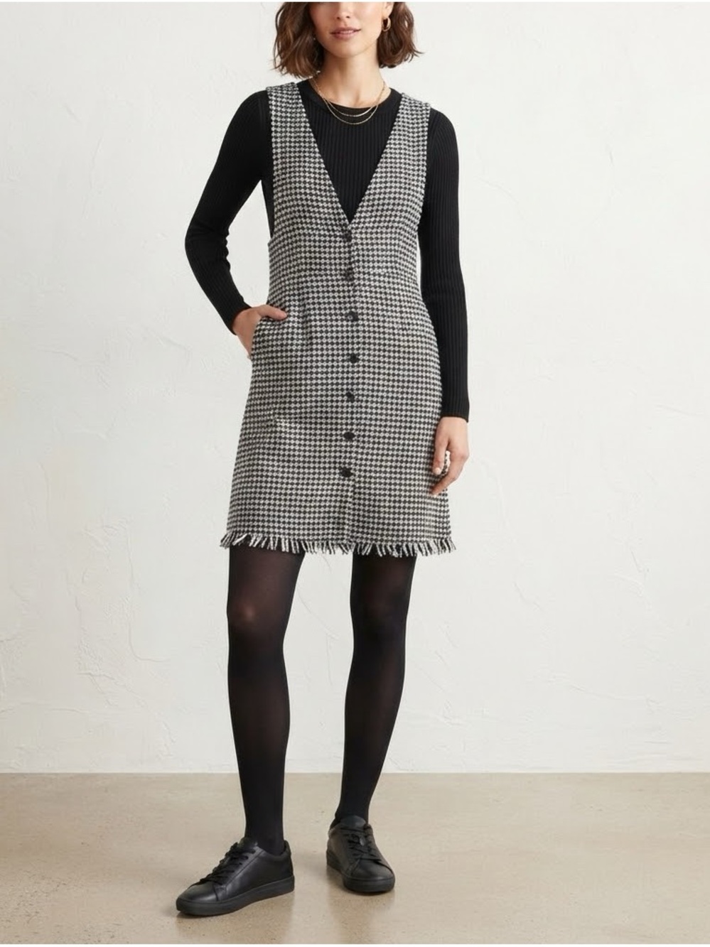 Zara Black and White Houndstooth Button-Front Mini Dress